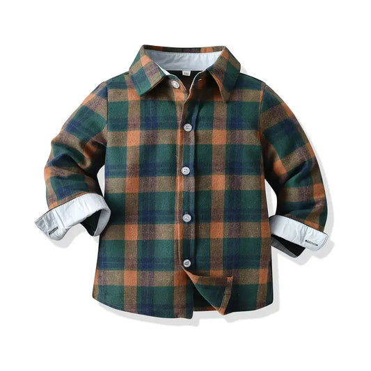 Boys Flannel Label Plaid Button Up Shirts, Top For Gentleman Suit Kids Clothes